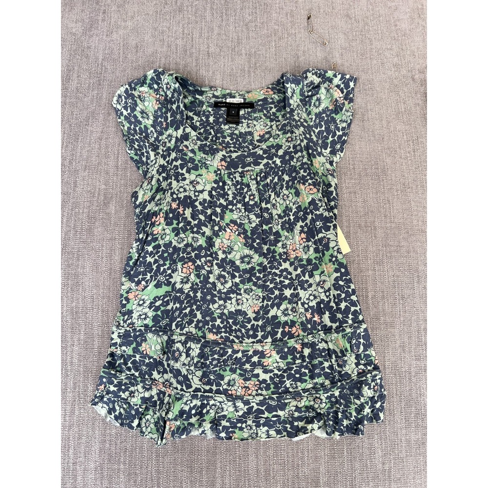 Marc by Marc Jacobs Ruffle Top Womens Small Green Blue Floral Boho Chic Casual